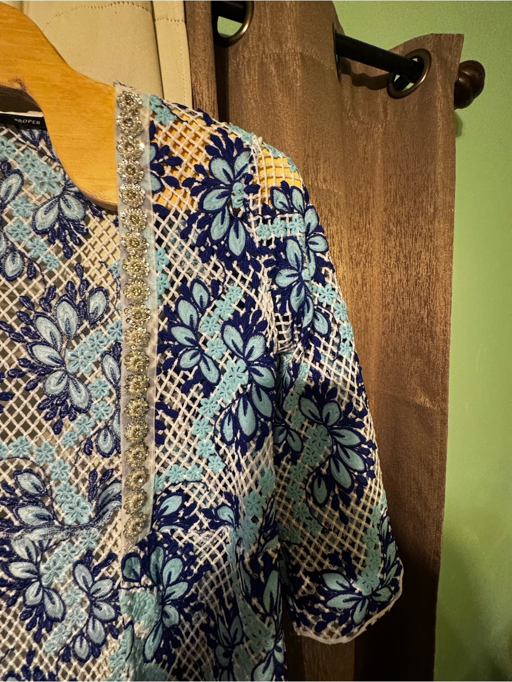 Boston Proper Guipure Crochet Duster Cardigan Blue White Embellished Women’s L - Picture 3 of 16
